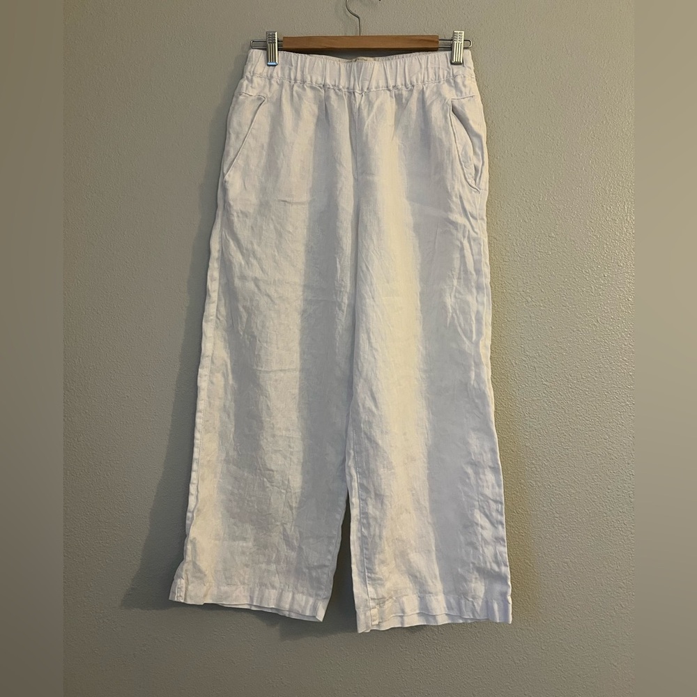 100% Linen Pants, Cropped Wide Leg, White, Small
